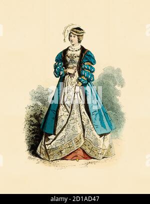Porträt der polnischen Prinzessin aus dem 17. Jahrhundert, handkolorierter Stich von H. Pauquet. Veröffentlicht im Buch Modes et Costumes Historiques Dessines Stockfoto