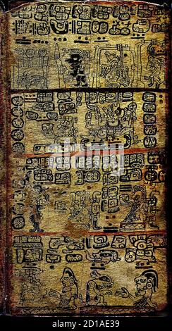 Der Madrider Codex oder der Tro-Cortesianus oder der Codex-Troano Codex präkolumbianische Maya. Postklassische Periode der mesoamerikanischen Chronologie (ca. 900–1521 n. Chr.). Die Maya-Codices wiesen auf Notizen über ihre Geschichte, ihre religiösen Praktiken, ihr Wissen in Medizin, Astronomie hin und selbst dort zeichneten sie ihre berühmten Prophezeiungen auf. Pre, Kolumbien Kolumbien Amerika, Amerikaner, Stockfoto