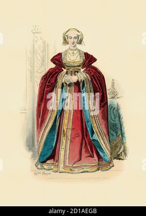 Porträt von Anne von Kleve, Handkolorierter Kupferstich von H. Pauquet. Sie war deutsche Adlige und Königin von Heinrich VIII. Von England. Geboren am 22. September, Stockfoto