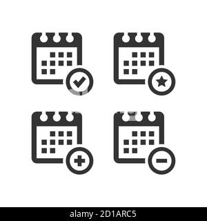 Kalender einfacher Vektor-Symbolsatz. Kalender mit Plus, Minus, Häkchen und Sternsymbol. Stock Vektor