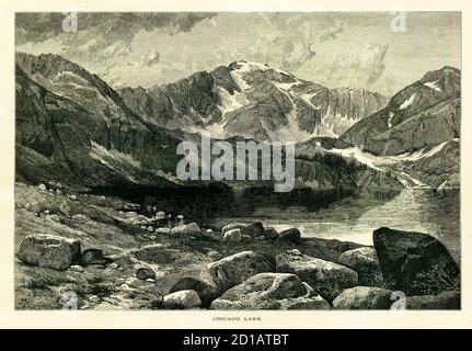 Antike Illustration des Chicago Lake am Fuße des Mount Evans, einem Berg in der Front Range der Rocky Mountains, Colorado, USA. Gravur veröffentlicht Stockfoto