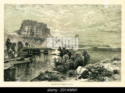 Antike Illustration der Klippen des Green River, dem Hauptnebenfluss des Colorado River, USA. Gravur veröffentlicht im malerischen Amerika oder La Stockfoto