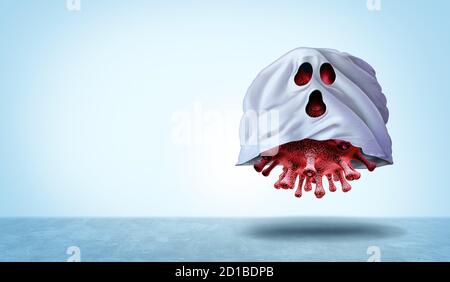 Virus Geist Hintergrund als Halloween saisonale öffentliche Gesundheit Risiko von covid 19 oder Coronavirus und Grippe-Symbol mit 3D-Render-Elemente. Stockfoto