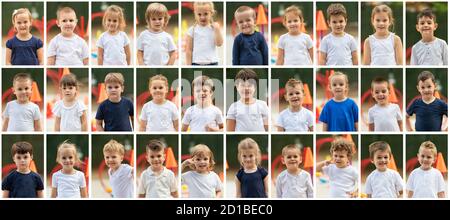 Panorama Outdoor Portrait Collage von Kindern in der Sportschule Stockfoto