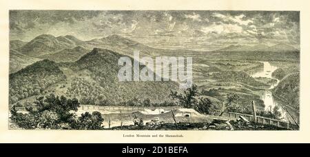 Die Engtavierung aus dem 19. Jahrhundert, die den nordwestlichen Hang des Loudoun Mountain und den Shenandoah River darstellt, Teil des Harpers Ferry National Historical Park, Stockfoto