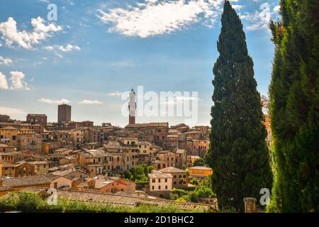 Stadtbild des Zentrums von Siena, UNESCO W.H. Site, mit Torre del Mangia und Torre dell'Orsa mittelalterlichen Türmen in einem sonnigen Sommertag, Toskana, Italien Stockfoto