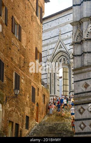 Das Marmor-ogivale Portal (1345) öffnete auf der Treppe, die die Kathedrale von Siena (1220-1370) mit dem Baptisterium des heiligen Johannes, Toskana, Italien verbinden Stockfoto