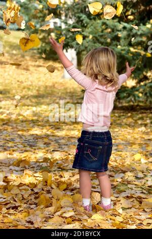 Kleines Kind genießt Herbstblätter an schönen sonnigen Herbsttag Spielen in der Sonne und Verwunderung der saisonalen Outdoor-Spaß Stockfoto