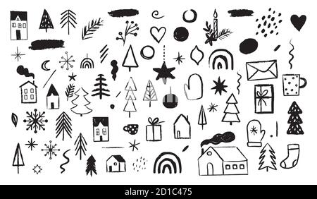 Handgezeichnete Weihnachts- und Neujahrskritzeleien, Skizzen und Ikonen. Vektorgrafiken Stock Vektor