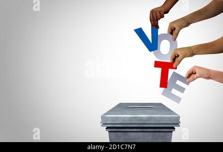 Präsident Wahl und Wahl Vielfalt Konzept als verschiedene Hände Gießen Stimmzettel in einem Wahllokal als ein demokratisches Recht in einer Demokratie. Stockfoto