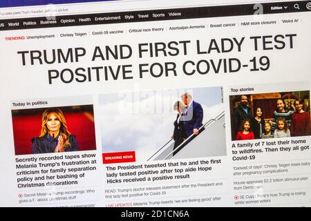 Screenshot der CNN News-Website, auf der bekannt gegeben wurde, dass US-Präsident Donald Trump am 2. Oktober 2020 positiv auf Covid-19 getestet hatte. Stockfoto