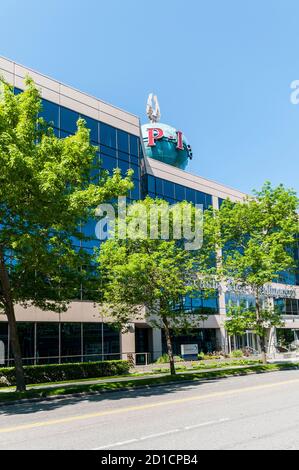 Das Old Seattle Post-Intelligencer (oder Seattle PI) Gebäude in Belltown in Seattle, Washington. Der Globus rotierte. Das Bild wurde 2009 aufgenommen. Stockfoto