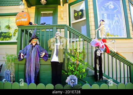 halloween-Display von Hexen Kürbisse Skelette und schwarze Katzen auf Veranda von petaluma Haus in kalifornien Stockfoto