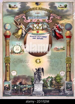 Freimaurer-Register - Drucken zeigt ein Zertifikat für die Mitgliedschaft in einem Freimaurer-Orden, teilweise ausgefüllt für Alex. F. Clark Mitglied der Rising Sun Lodge Nr. 103 in Saratoga Springs, N.Y., 4. April 1881. Auf der linken Spalte ist in Tinte eingeschrieben - initiiert 18. Mai 1874 und auf der rechten Seite ist in Tinte eingeschrieben - bestanden 15. Juni 1874. Links ein Porträt von Clark, Kopf-Schultern-Porträt, nach vorne gerichtet, wahrscheinlich montiert auf einer Carte-de-Visite, die im Druck um 1876 eingebettet ist Stockfoto