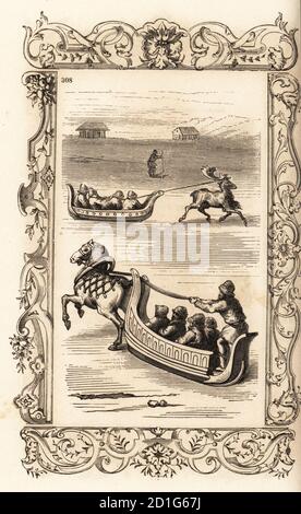 Kutschen (Schlitten) für Reisen im hohen Norden, 16. Jahrhundert. Finnen und Lappen reiten Schlitten von Pferd oder Rentier gezogen. Ein Fenni Mann auf langen Holzschuhen wie Skier im Hintergrund. Chars (traineaux) pour voyager dans les Pays du Nord. In einem dekorativen Rahmen graviert von H. Catenacci und Fellmann. Holzschnitt von Gerard Seguin und E.F. Huyot nach einem Holzschnitt von Christoph Krieger aus Cesare Vecellio's Costumes anciens et modernes, Habiti Antichi et moderni di tutto il mondo, Firman Didot Ferris Fils, Paris, 1859-1860. Stockfoto