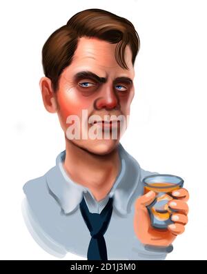 Alkoholischer Mann mit einem Glas Whiskey. Digitale Illustration Stockfoto