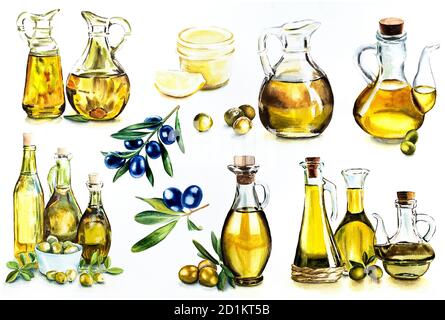 Set von Elementen für Label-Design, Aquarell-Illustrationen von Olivenzweigen und Flaschen mit Olivenöl, realistische Aquarell Stockfoto