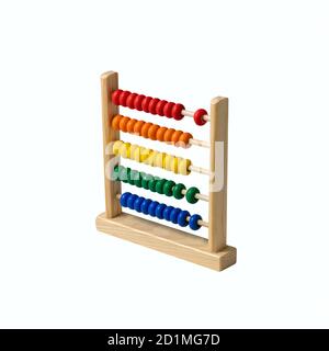 Bunte hölzerne Kind Abakus isoliert über weißem Hintergrund. Mathematische Grundlagen auf Regenbogen Abakus Stockfoto