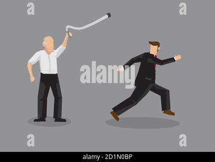 Vektor Cartoon Illustration von alten Mann mit Gehstock zu jagen Verkäufer isoliert auf grauem Hintergrund.