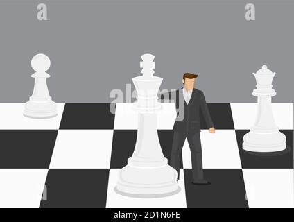 Cartoon Geschäftsmann in riesigen Schachset. Kreative Vektordarstellung zum Geschäftsstrategiekonzept isoliert auf grauem Hintergrund. Stock Vektor