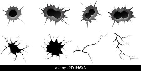 Einschussloch und geschliffene Risse gesetzt. Metall Einzel-und Doppel-Bullet-Loch, Schaden-Effekt. Erdbeben und Bodenrisse, Craquelure und beschädigte Wandstruktur. Vektor-Illustrationen zu den Themen Erdbeben, Absturz, Zerstörung Stock Vektor