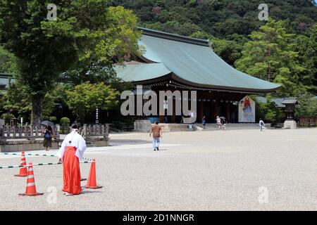 Miko oder Priesterin des Kashihara Jingu Tempels in Nara, Japan. Aufgenommen im September 2019. Stockfoto