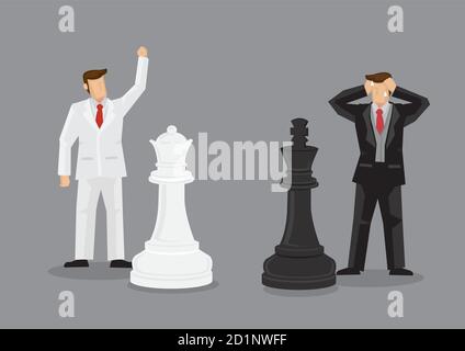 Geschäftsleute in schwarz-weißen Anzügen mit lebensgroßen Schachfiguren. Vektor-Cartoon-Illustration auf Schachmatt in Schach als Metapher für Business-Strateg Stock Vektor