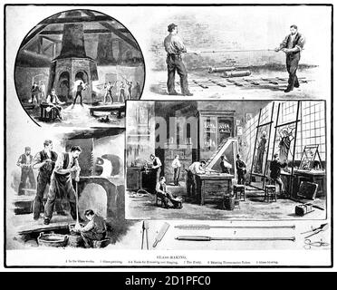 Ein Diagramm aus dem späten 19. Jahrhundert, das die Werkzeuge und Techniken der Glasherstellung illustriert. Stockfoto