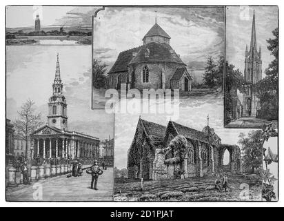 Eine Collage britischer Kirchen aus dem 19. Jahrhundert, 1. Boston Stump, Lincolnshire: 2. St Martin-in-the-Fields, London: 3. Little Maplestead, Essex: 4. Louth, Lincolnshire 5. Winchelsea, East Sussex. Stockfoto