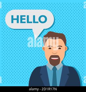 Chatbot-Konzept. Speech Bubble Geschäftsmann spricht Hallo. Stock Vektor
