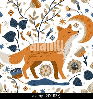 Nordisch skandinavischen Fuchs Tier nahtlose Vektor-Muster. Verzierte Wald detaillierte Cartoon-Tapete auf weißem Hintergrund. Volkskunst Kinderdesign. Stock Vektor