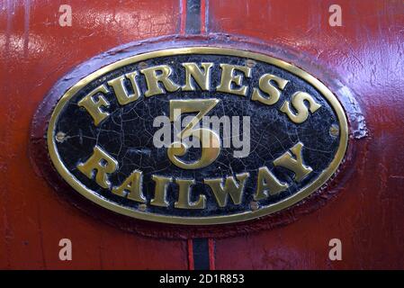 Nummernschild auf Furness Railway No.3 'Old Coppernob' viktorianische Dampflokomotive auf dem Display im National Railway Museum, York, UK Stockfoto