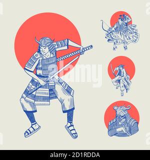 Japanische Samurai und rote Sonne. Krieger mit Waffen Skizze. Männer in einer Kampfpose. Handgezeichnete Vintage-Skizzen. Vektorgrafik im monochromen Stil. Stock Vektor
