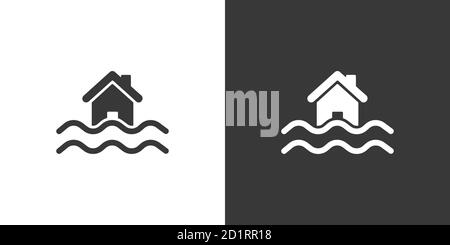 Hochwasser. Isoliertes Symbol auf schwarzem und weißem Hintergrund. Vektordarstellung der Wetterglyphe Stock Vektor