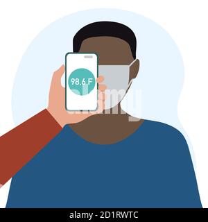 Vektor-Illustration Telefon auf der Stirn der Person platziert fernab misst Temperatur. Neue Technologie. Neue normale. Messung der menschlichen Körpertemperatur Stock Vektor