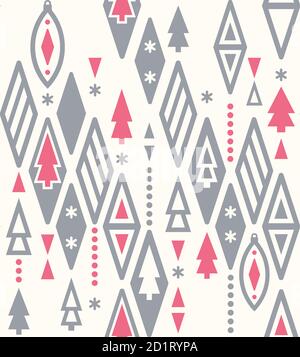 Weihnachtliche Geometrie nahtloses Muster. Grau rosa Dreiecke und Weihnachtsbaum. Weihnachten Spielzeug stilisiert. Vektorgrafik