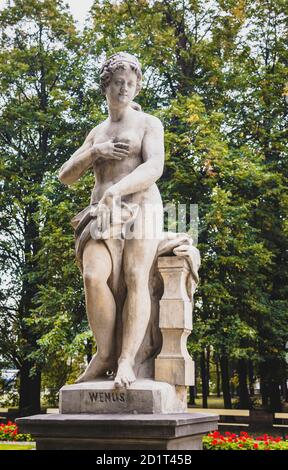 Sandsteinstatue im Sächsischen Garten, Warschau, Polen. Allegorische Darstellung der Venus. Vor 1745 vom anonymen Warschauer Bildhauer unter der Regie gemacht Stockfoto