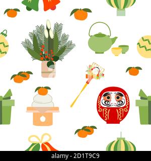 Vektor nahtlose Muster Symbole des japanischen Neujahr 2021. Daruma, asiatische Laterne, Wasserkocher Tasse, Lebensmittel, Rechen, Mandarinen, Geschenk, Glocke, Kiefer, Bambus dekorat Stock Vektor