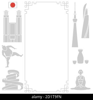 Vektor-Illustration Symbole der japanischen Kultur Asiatische Frau in Kimono, Sumo Athlet, Sake Set, ungewöhnliche japanische Architektur. Japan Land Oriental e Stock Vektor