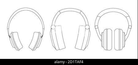 Set von Contour verschiedenen Kopfhörern. Lineare Zeichnung der musikalischen Ausrüstung. Das Objekt ist vom Hintergrund getrennt. Vektor schwarz und weiß Elemente Stock Vektor
