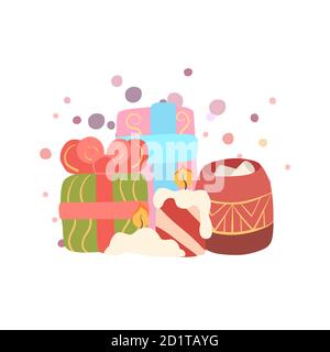 Elemente von Weihnachten und Neujahr. Flaches Design mit Geschenk, Kerze, Konfetti und Tasse Eierbecher mit Marshmellow. Vektorgrafik für Postkarten, stic Stock Vektor