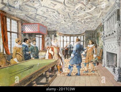 KIRBY HALL, Northamptonshire. Innenansicht. Der große Rückzug Zimmer, wie es im frühen 17. Jahrhundert erschienen sein könnte. Rekonstruktionszeichnung von Ivan Lapper. Stockfoto