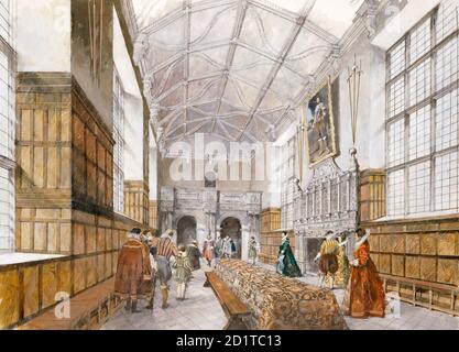 KIRBY HALL, Northamptonshire. Innenansicht des Saals, wie es im frühen 17. Jahrhundert erschienen sein könnte. Rekonstruktionszeichnung von Ivan Lapper. Stockfoto