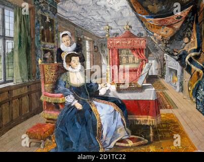 KIRBY HALL, Northamptonshire. Innenansicht. Das beste Bett Kammer, wie es im frühen 17. Jahrhundert erschienen sein könnte. Rekonstruktionszeichnung von Ivan Lapper. Stockfoto