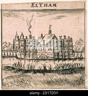 ELTHAM PALACE, London. Ein Blick, sagte zu sein von Peter Stent, von Eltham Palace kurz vor den großen Abrisse in den 1650s. Die Wohnungen der Königin sind links und die der König rechts. Stockfoto