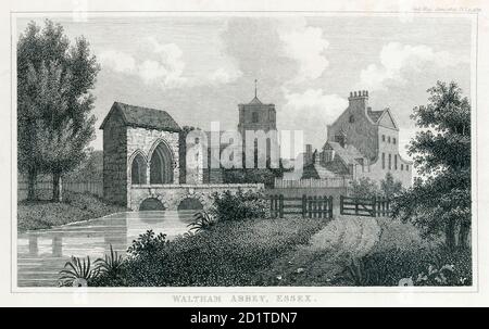 WALTHAM ABBEY TORHAUS, ESSEX. Gravur aus dem Jahr 1825 des Torhauses und der Brücke. Zeigt den Kirchturm und andere Gebäude im Hintergrund. MAYSON BEETON KOLLEKTION Stockfoto