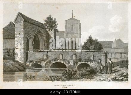 WALTHAM ABBEY TORHAUS, ESSEX. Gravur aus dem Jahr 1800 des Torhauses und der Brücke. Zeigt den Kirchturm und andere Gebäude im Hintergrund. MAYSON BEETON KOLLEKTION Stockfoto