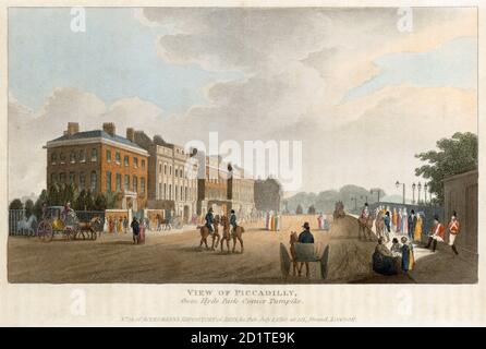 APSLEY HOUSE, Piccadilly, Hyde Park Corner, London. 'Blick auf Piccadilly vom Hyde Park Corner Turnpike' datiert 1810. Nr. 19 von Ackermann's Repository of Arts. Diese Ansicht zeigt das original rote Backsteinhaus von 1771-8, entworfen von Robert Adam. Es wurde vom Duke of Wellington erheblich vergrößert und renoviert, aber es hat einige ADAM-Elemente im Inneren. MAYSON BEETON KOLLEKTION Stockfoto