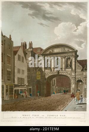 MAYSON BEETON KOLLEKTION. Temple Bar, City of London. „Blick nach Westen auf Temple Bar“. Zeigt eigentlich die Westminster Seite. Diese Inkarnation von Temple Bar (das Tor zwischen den Städten London und Westminster) wurde 1672 von Sir Christopher Wren erbaut. Es wurde 1878 entfernt, um die Straße zu erweitern. Eine Rekonstruktion mit einem Großteil des ursprünglichen Mauerwerks kann jetzt am Paternoster Platz gesehen werden. Farbiger Stich datiert 1797. Stockfoto