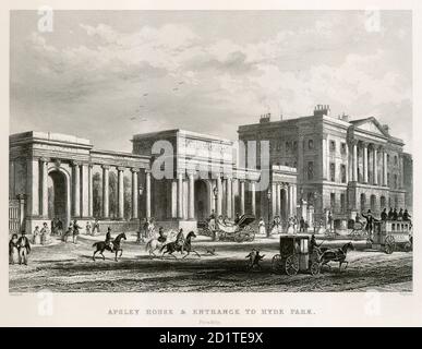 APSLEY HOUSE, Piccadilly, Hyde Park Corner, London. 'Apsley House and the Entrance to Hyde Park' von T H Shepherd. Gravur datiert 1850. Ursprünglich von Robert Adam in den Jahren 1771 erbaut, wurde Apsley House von Benjamin Dean Wyatt 1830 erweitert und umgestaltet, um die wichtigste Londoner Residenz des Herzogs von Wellington zu werden. Die angrenzende Hyde Park Leinwand wurde zwischen 1822-25 von Decimus Burton gebaut. MAYSON BEETON KOLLEKTION Stockfoto